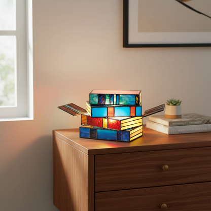 Stained Glass Book Lamp - lifestyle glowing on dresser