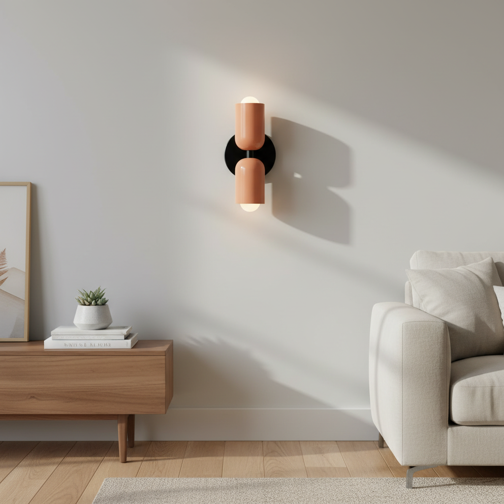 Piccadilly pink twin-tube metal wall sconce mounted in a modern living room lifestyle