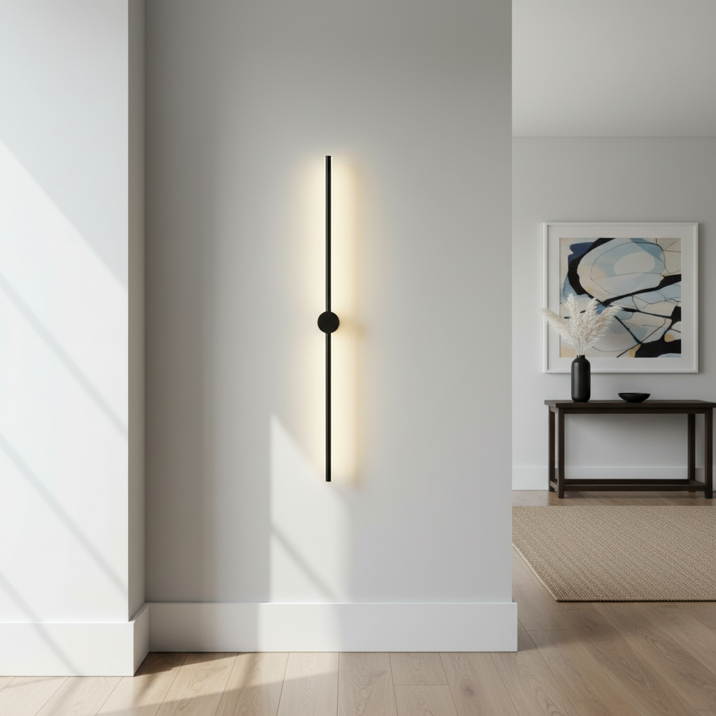 SaberLight black satin linear LED wall sconce mounted in a modern hallway lifestyle