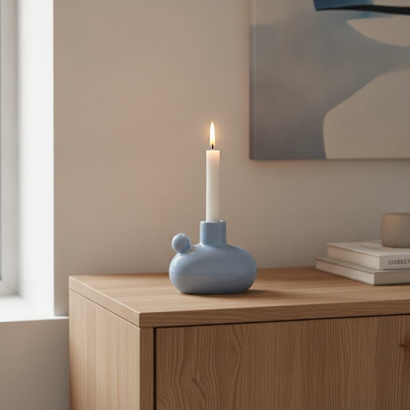 Cosmic Ripple Ceramic Candle Holder styled with a lit candle on a console