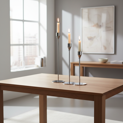 Tall Stainless Steel Candle Holders Set of 3 styled with lit candles on a dining table
