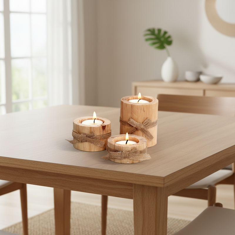 Handcrafted Bamboo Candle Holders styled on a dining table