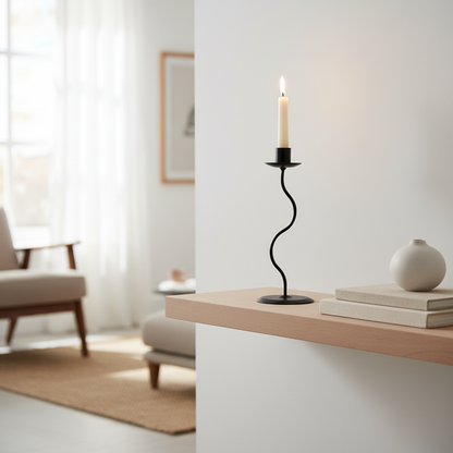 Sculpted Wavy Iron Candle Holder styled on a shelf