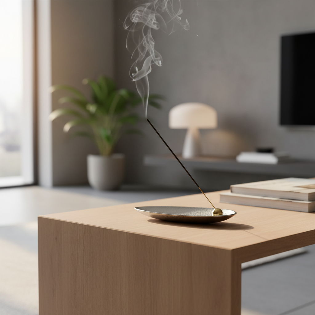 Zen Alloy Bead Incense Holder styled on a table with lit incense