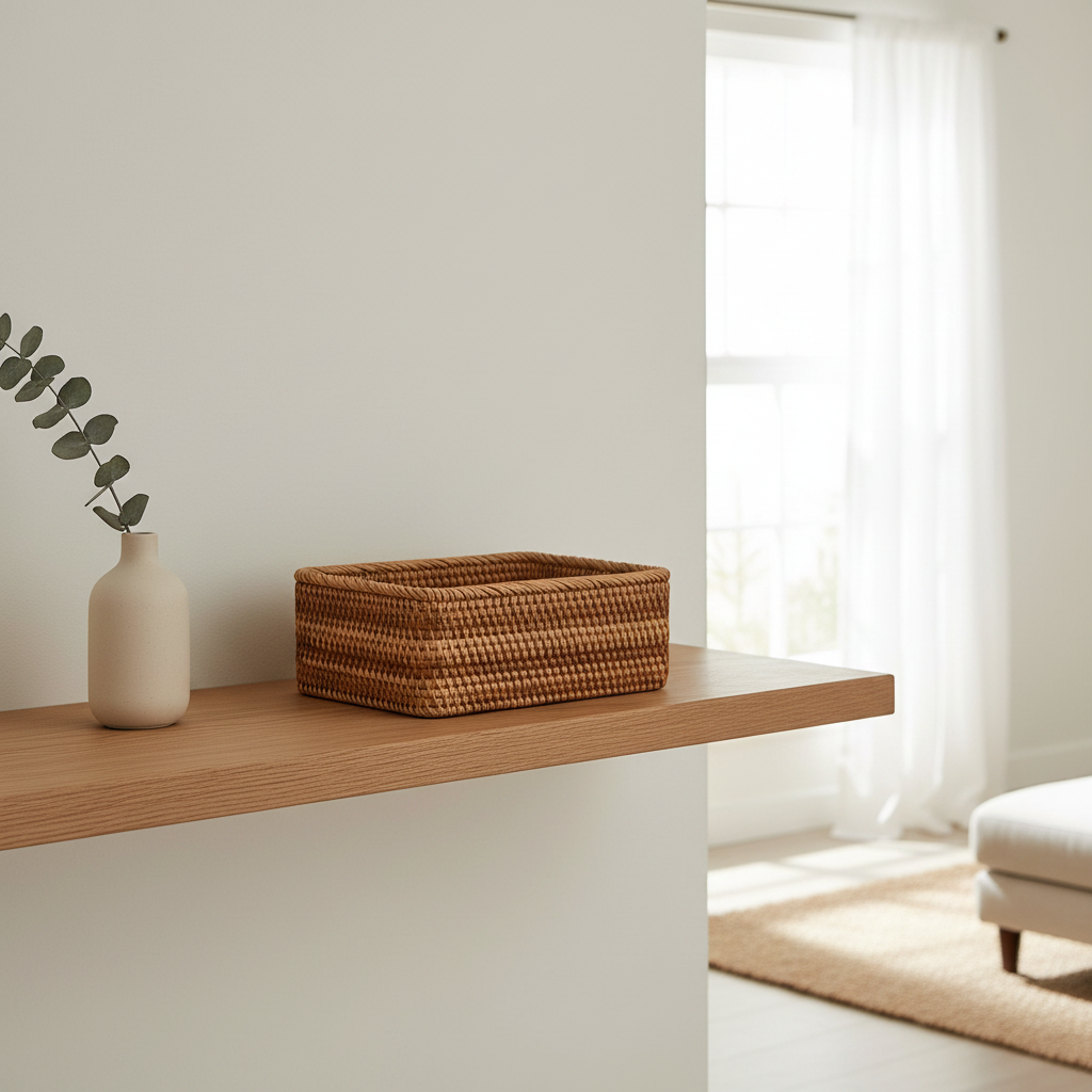 Artisan Rattan Storage Basket styled on a shelf lifestyle
