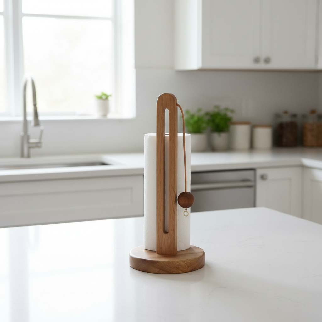 Acacia Wood Paper Roll Stand on a kitchen counter lifestyle