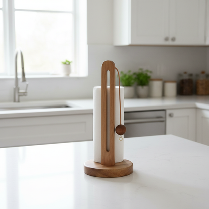 Acacia Wood Paper Roll Stand on a kitchen counter lifestyle