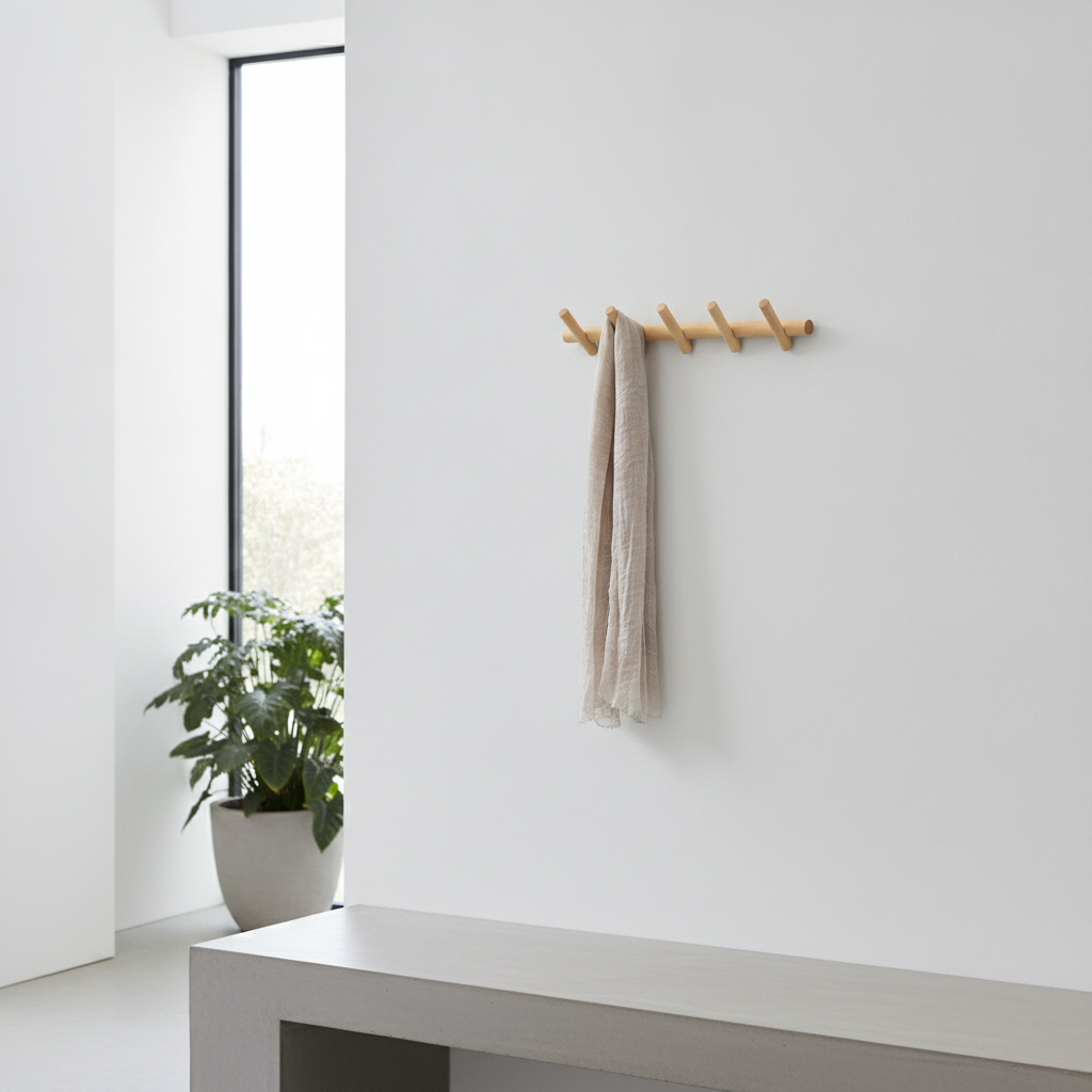 Solid Oak Wall Coat Rack mounted in a modern entryway lifestyle