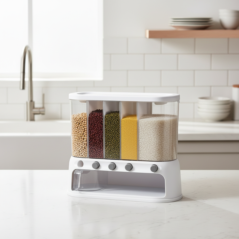 Airtight multi-compartment pantry storage container in use on a modern kitchen counter