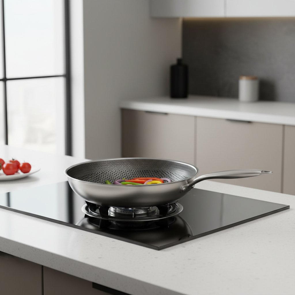 Honeycomb stainless steel frying pan in use on an induction cooktop