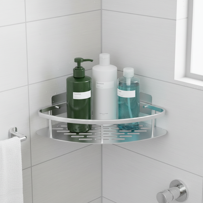 Aluma Curve Shower Caddy mounted in a modern tiled bathroom holding bath bottles