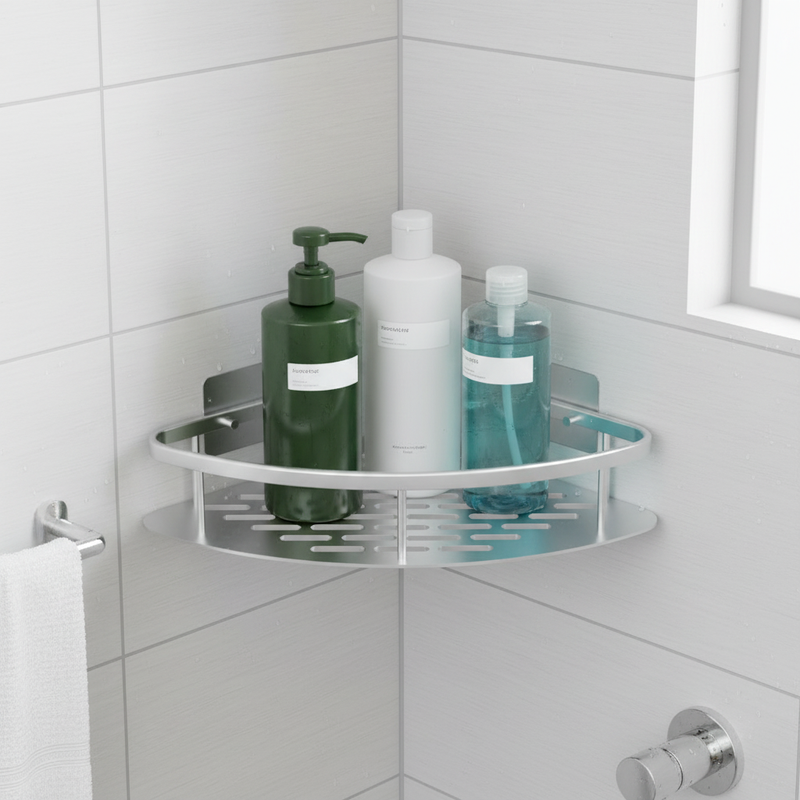 Aluma Curve Shower Caddy mounted in a modern tiled bathroom holding bath bottles