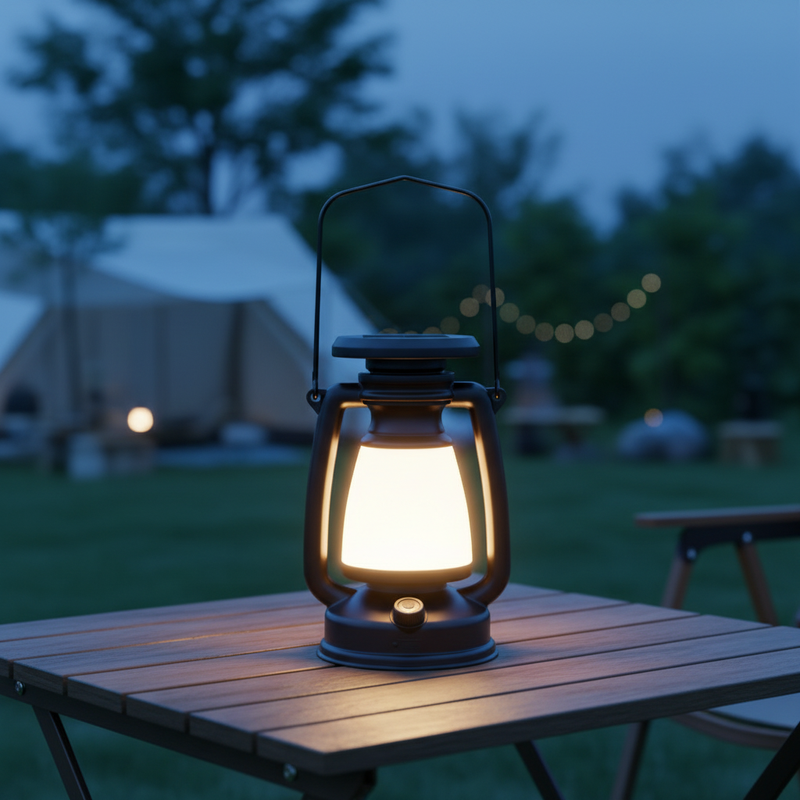 Solar Dimmable USB Camping Lantern glowing on a patio table at dusk