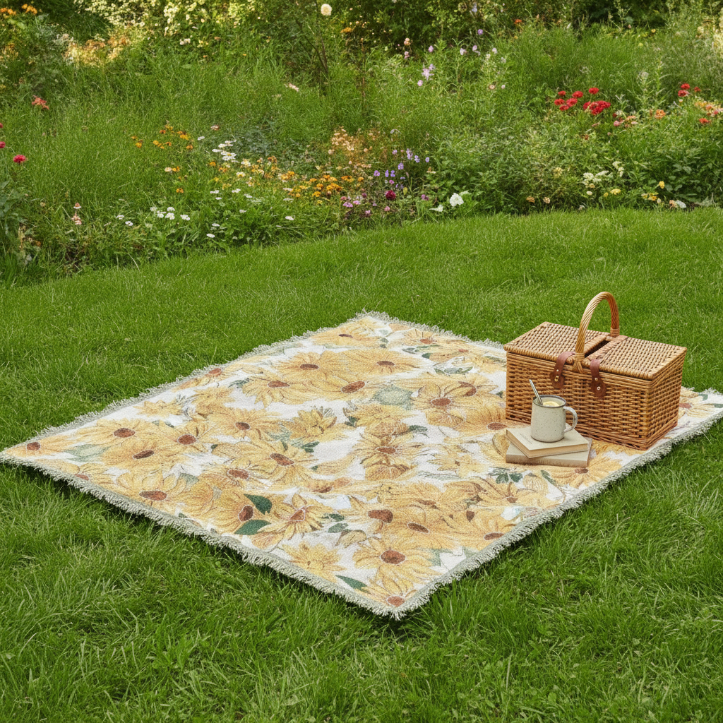 Floral Picnic Blanket spread in a garden with picnic basket