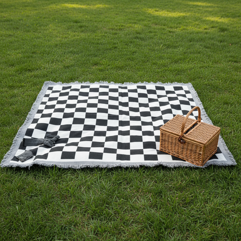 Fringed Picnic Blanket checkered spread on grass with picnic basket