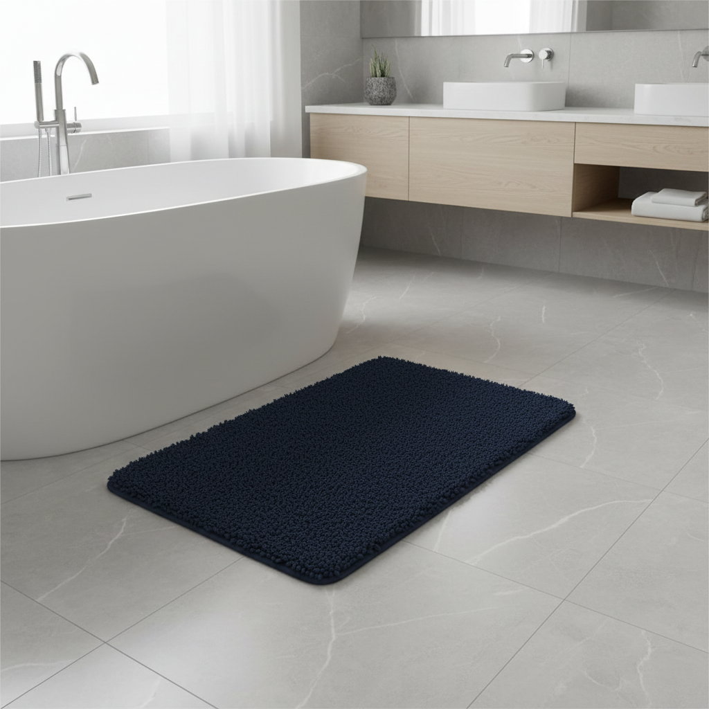 Fur & Plush Bath Rug in Blue styled in a modern bathroom