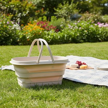 Collapsible utility basket outdoors at a park picnic