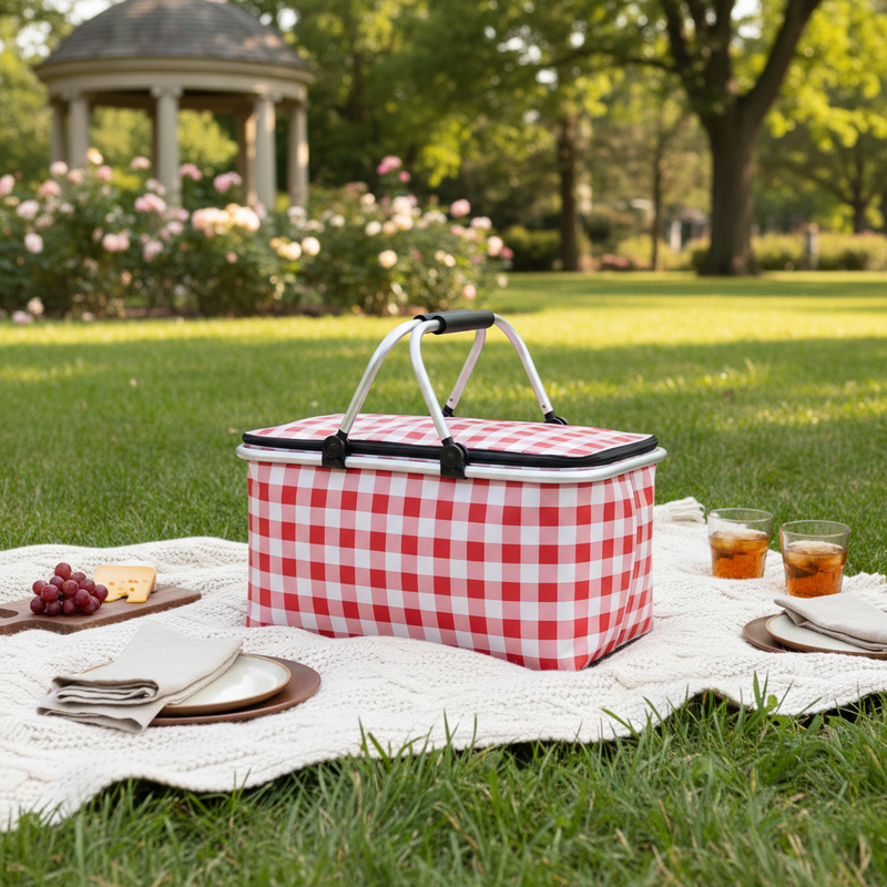 Checkered insulated picnic basket at an outdoor park picnic