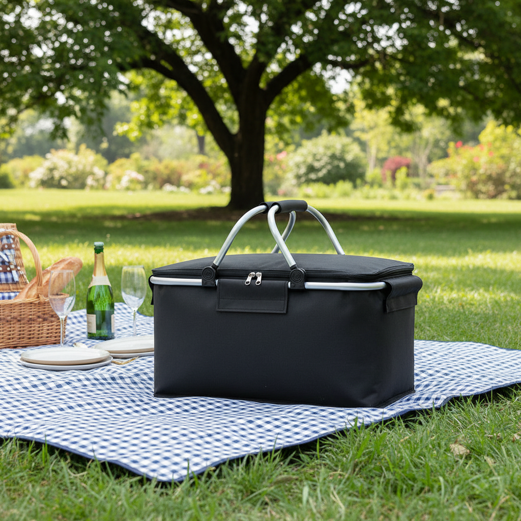 Folding insulated picnic basket at an outdoor park picnic
