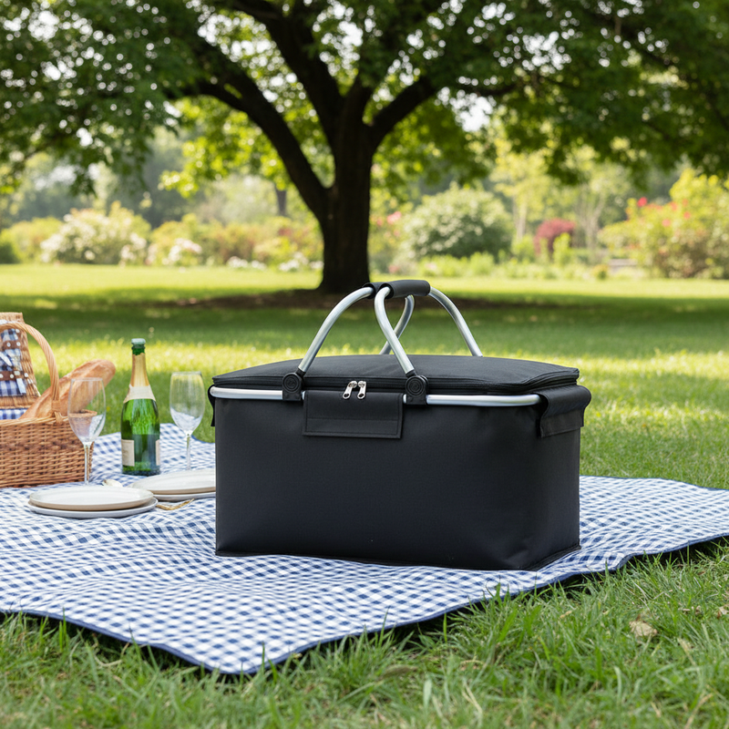 Folding insulated picnic basket at an outdoor park picnic