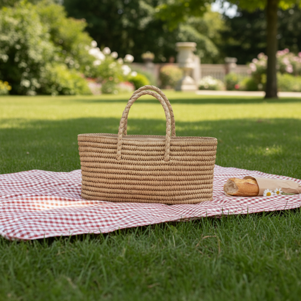 Handwoven straw tote bag at an outdoor park picnic