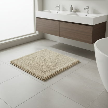 Plush Chenille Bath Mat in Beige styled in a modern bathroom