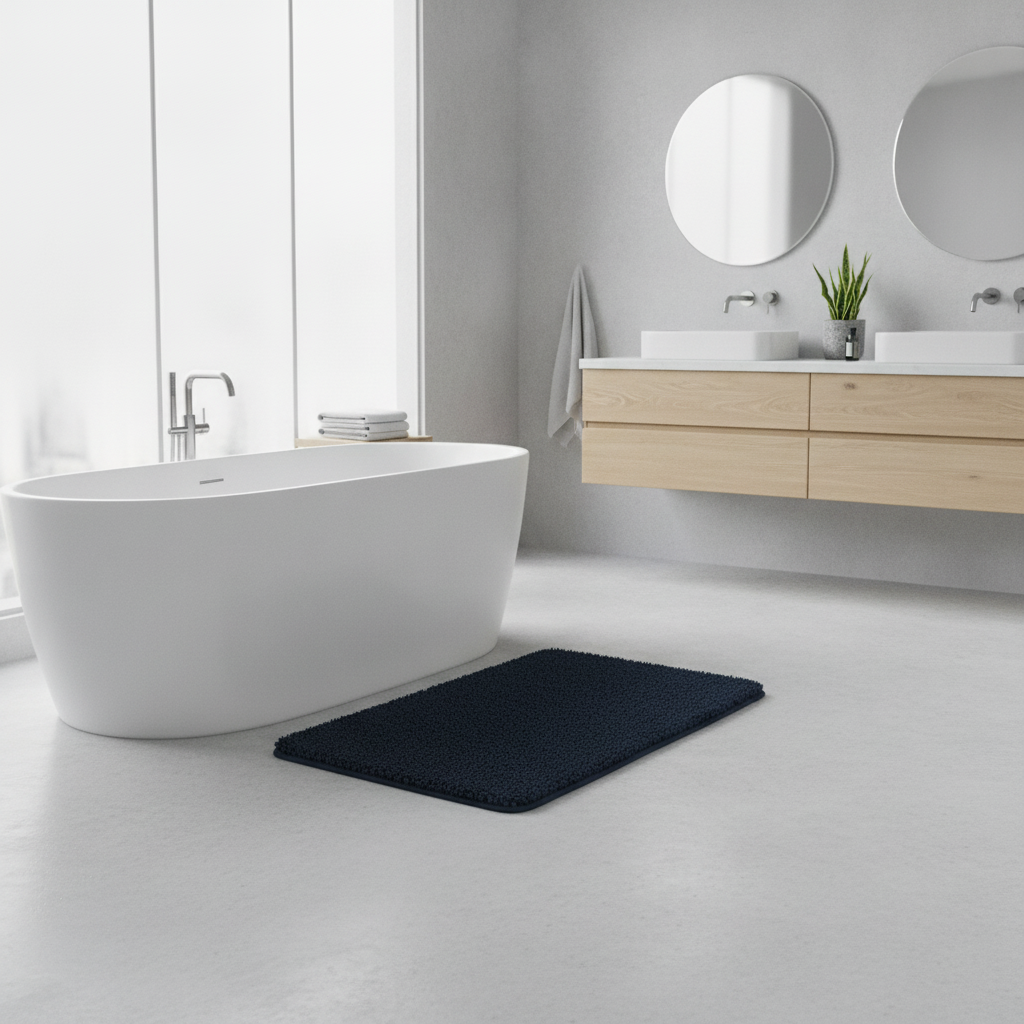Ultra-Soft Plush Bath Rug in Blue styled in a modern bathroom