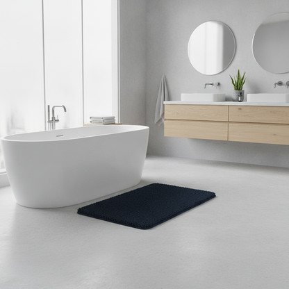 Ultra-Soft Plush Bath Rug in Blue styled in a modern bathroom