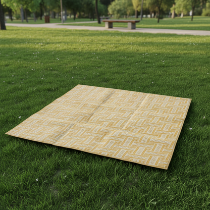 Padded picnic mat spread on grass at an outdoor park picnic