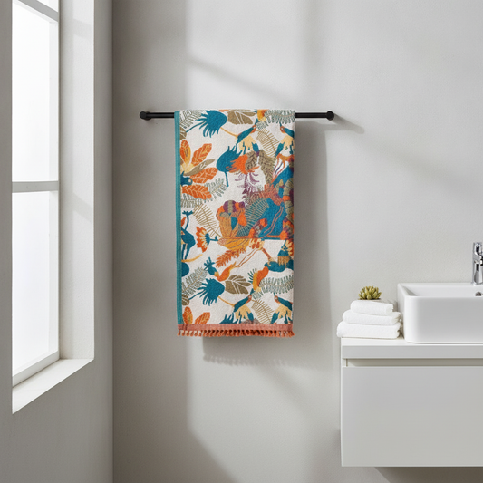 Reversible Cotton Beach Towel | Flower & Bird Print styled in a modern bathroom