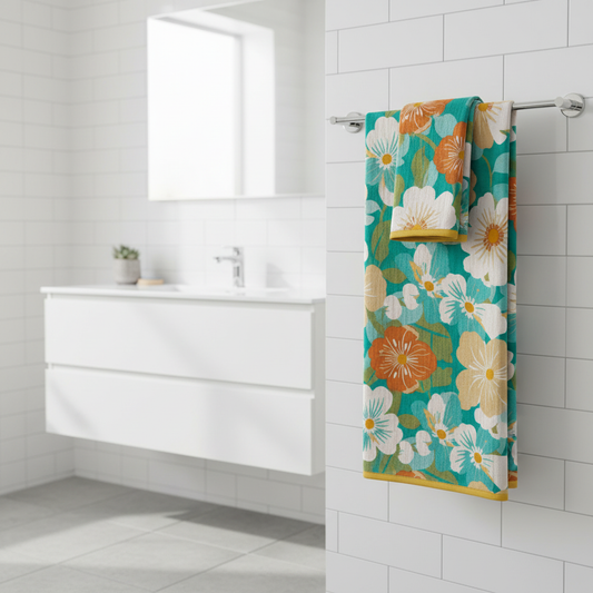 Cotton Gauze Bath Towel | Tropical Floral styled in a modern bathroom