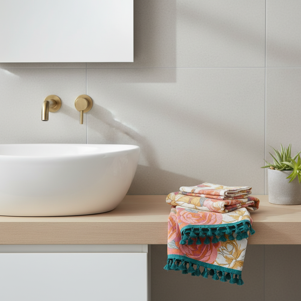 Cotton Gauze Bath Towel Pastoral Rose styled in a modern bathroom