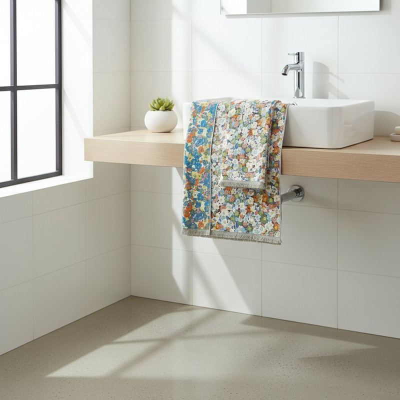 Reversible Cotton Colorful Print Bath Towel styled in a modern bathroom