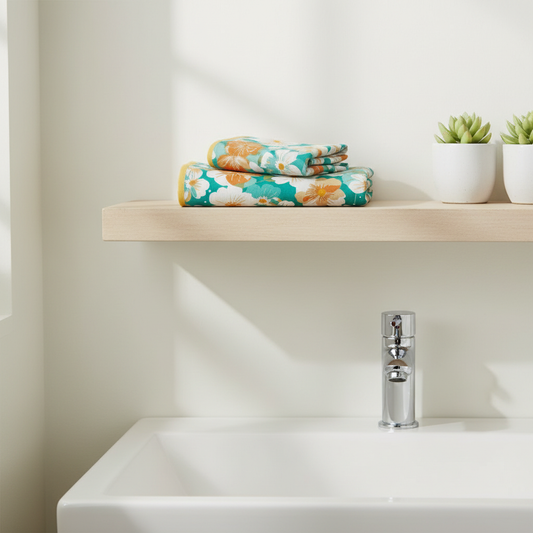 Cotton Gauze Bath Towel Floral styled in a modern bathroom