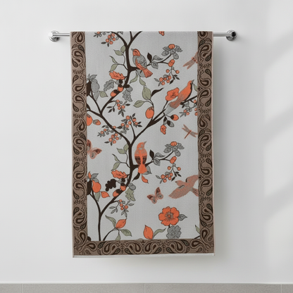 Cotton Bath Towel Floral and Bird Motif styled in a modern bathroom