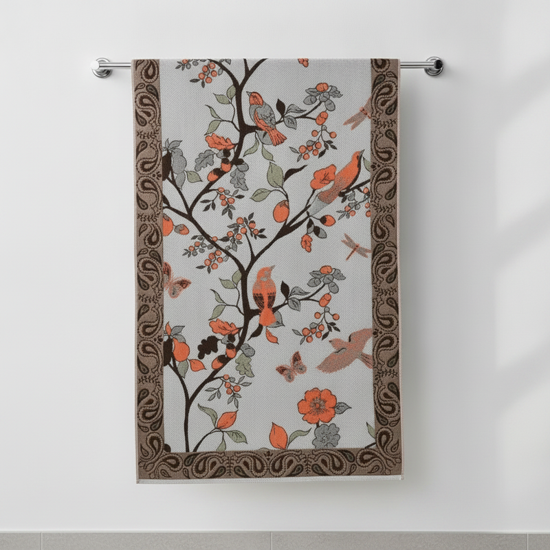 Cotton Bath Towel Floral and Bird Motif styled in a modern bathroom