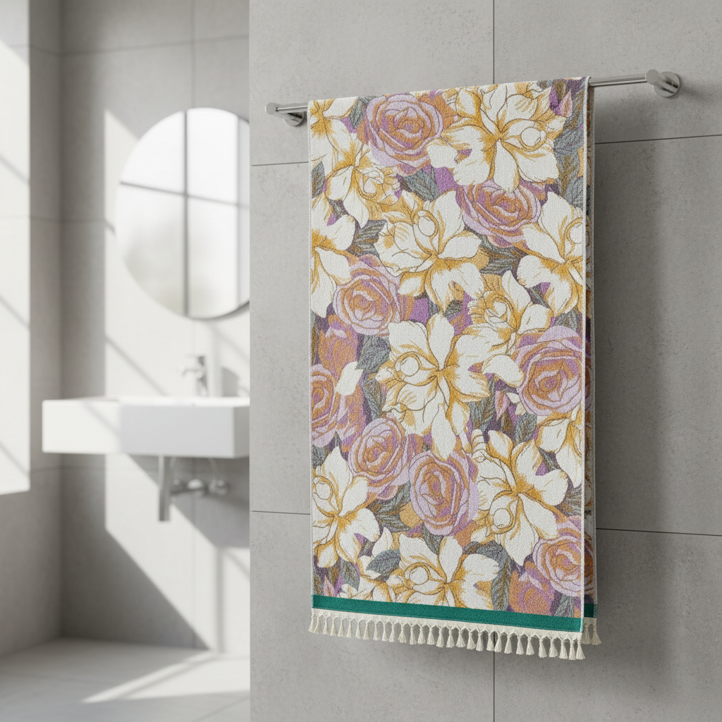 Vintage Rose Floral cotton bath towel in modern bathroom