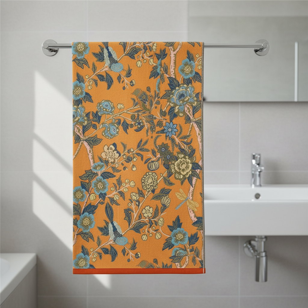 Hibiscus print reversible cotton bath towel in modern bathroom