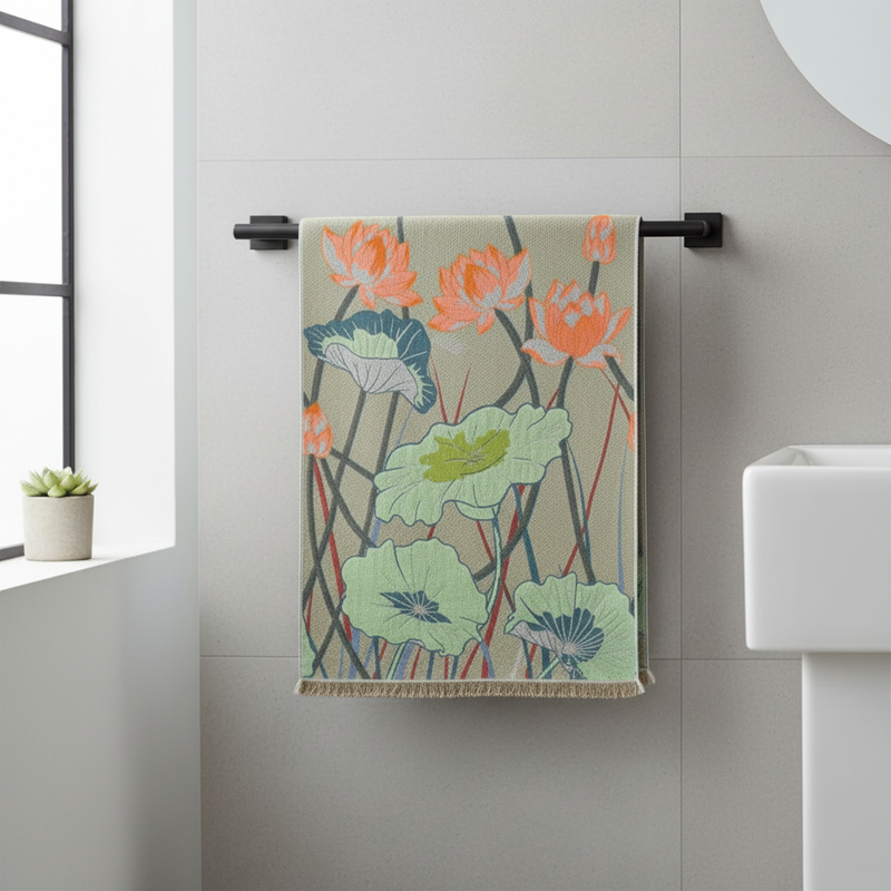 Lotus design cotton gauze bath towel in modern bathroom