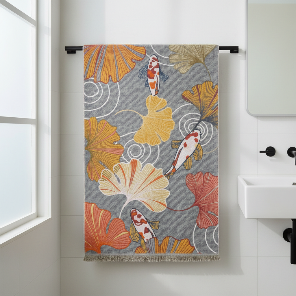 Koi and ginkgo cotton gauze bath towel in modern bathroom