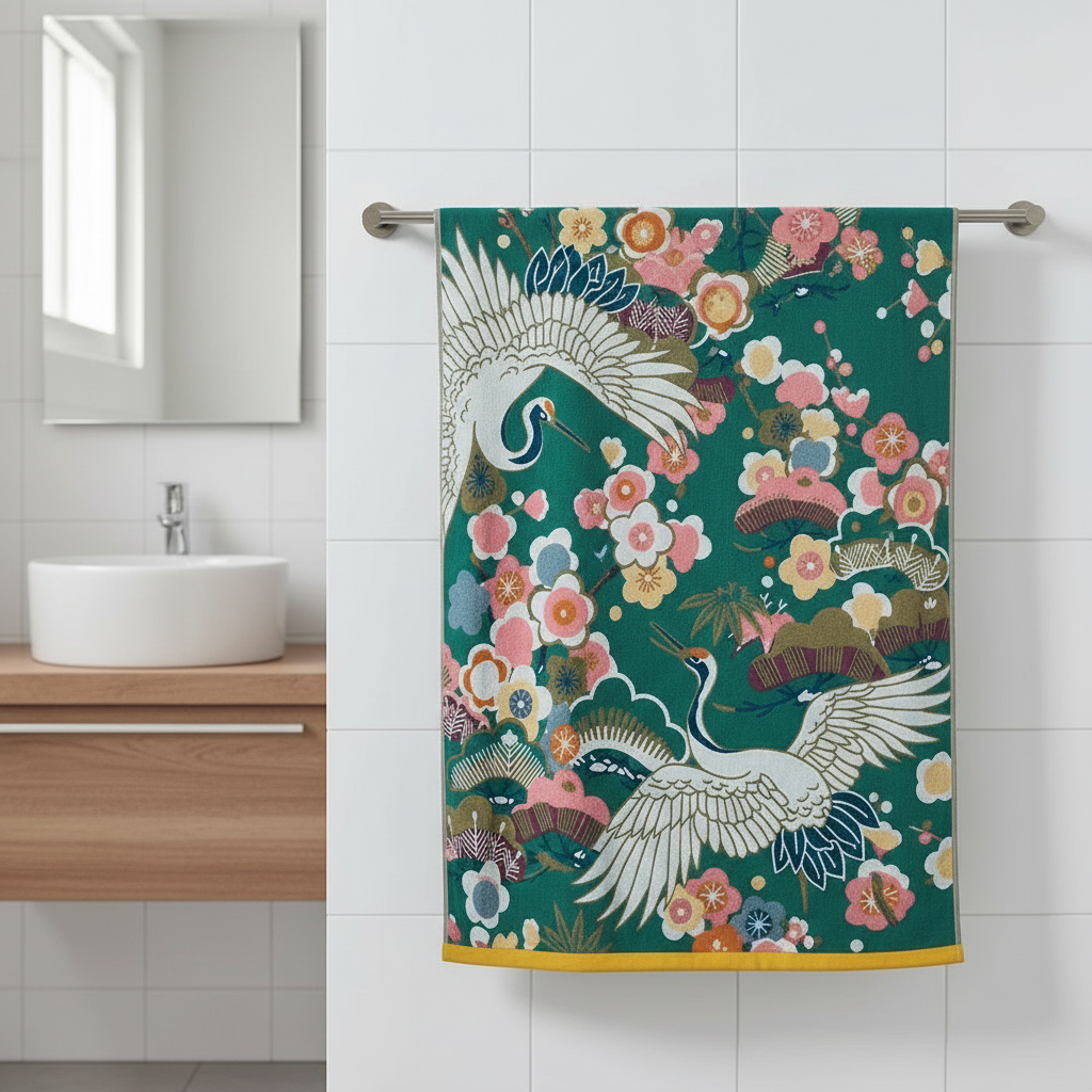 Crane and floral pure cotton bath towel in modern bathroom