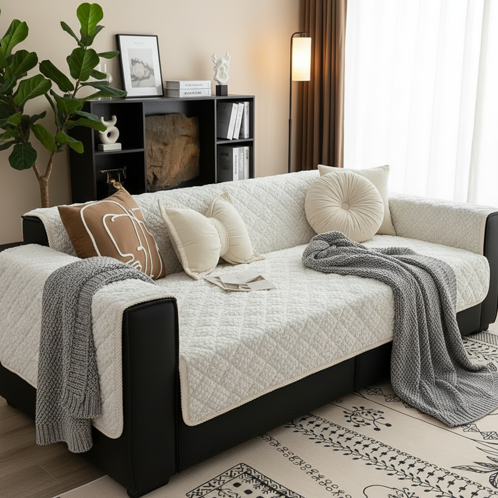 Pet-Proof Quilted Sofa Cover styled in a modern living room