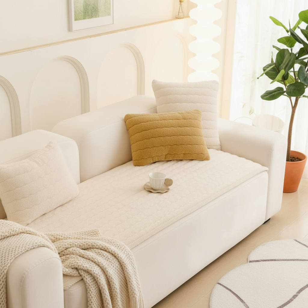 Chic Thick Plush seat protector styled on a sofa in a living room