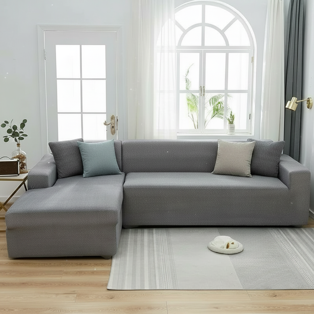 Spotted light grey L-shaped sofa slipcover styled in a modern living room