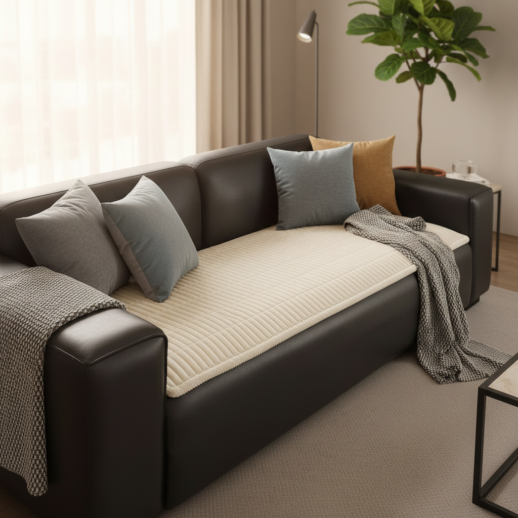 Cozy Quilted Couch Cushion Protector styled on a sofa in a living room