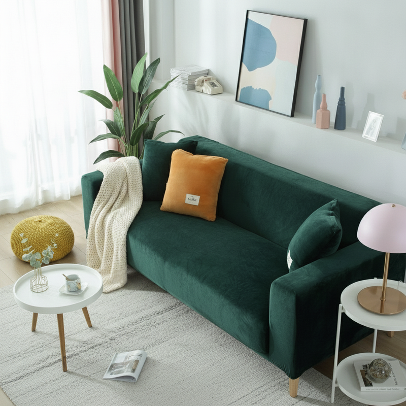 Velvet Dark Green Couch Cover - full slipcover styled in a modern living room