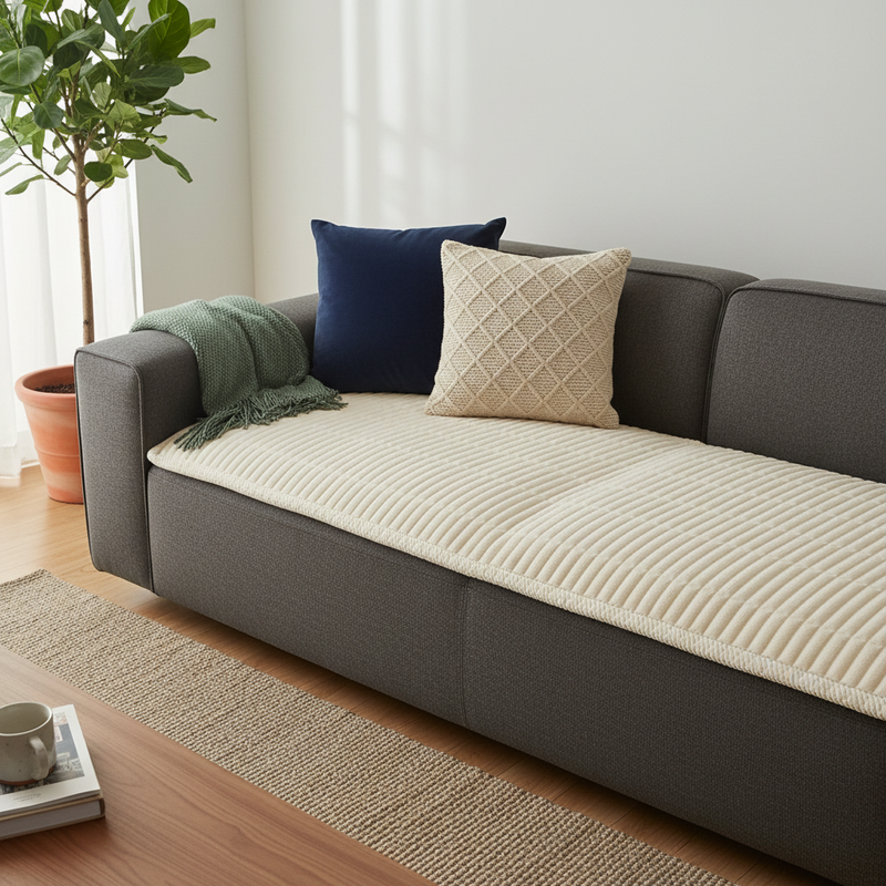 Cozy Microfiber Couch Cover - quilted seat protector pad on sofa in styled living room