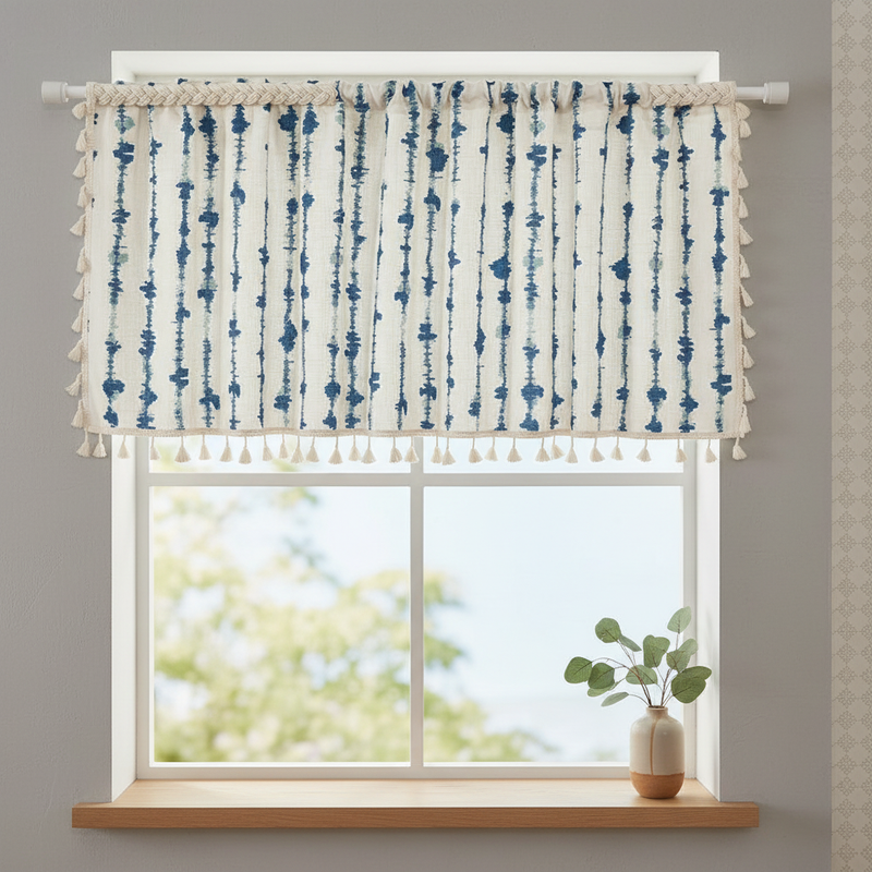 Inkblot Blue Tassel Cabinet Curtain hung on a window in a styled room