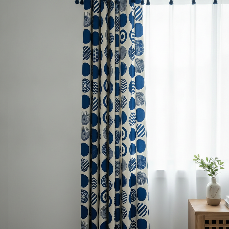 Retro Blue Polka Dot Curtain hung on a window in a styled room