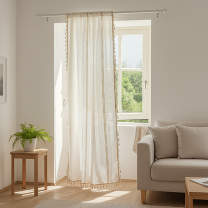 Sunlit Stripes Sheer Tassel Curtain hung on a sunlit window